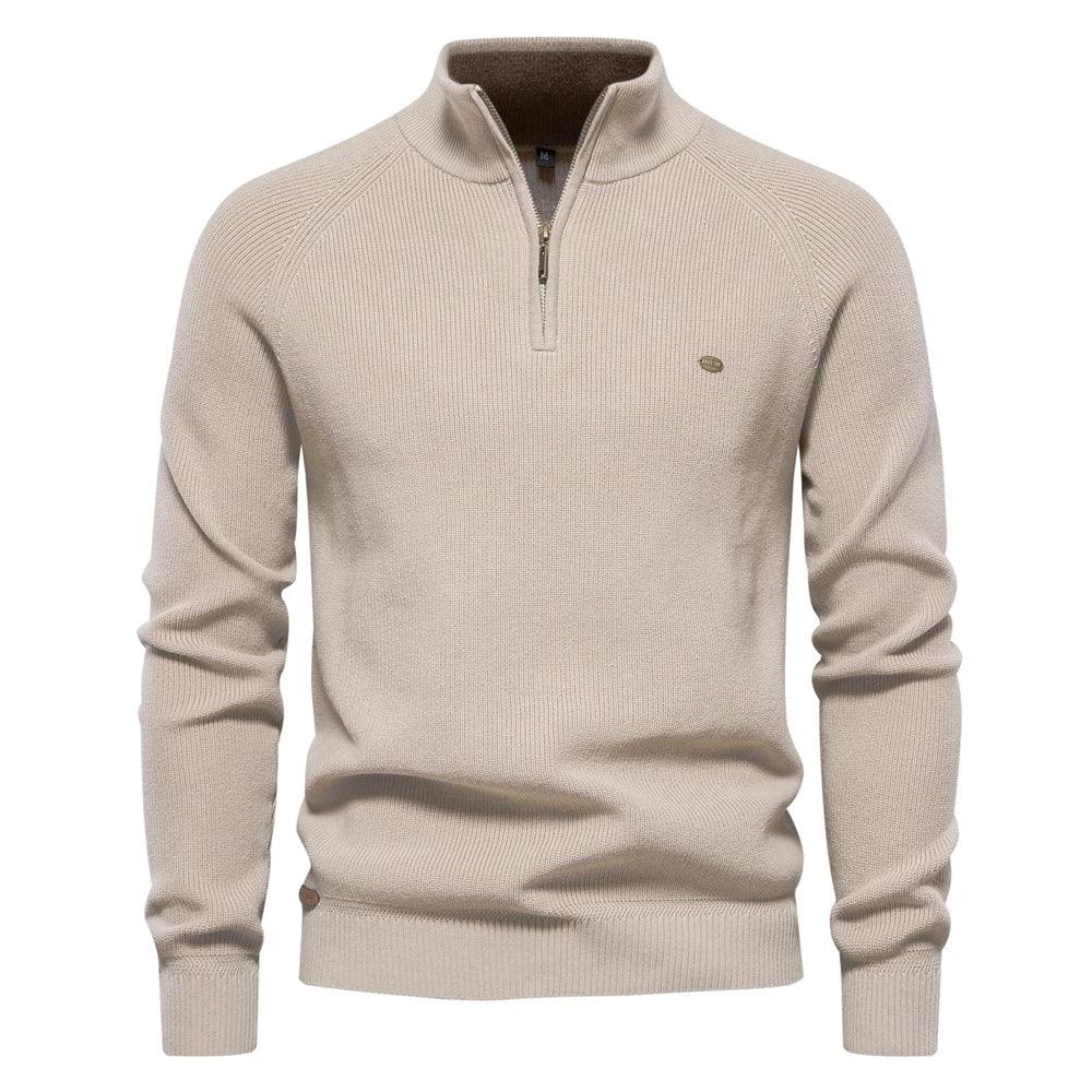 Men's khaki quarter-zip knit pullover with long sleeves, ribbed cuffs, and hem