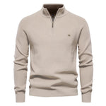 Men's khaki quarter-zip knit pullover with long sleeves, ribbed cuffs, and hem
