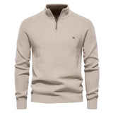 Men's khaki quarter-zip knit pullover with long sleeves, ribbed cuffs, and hem