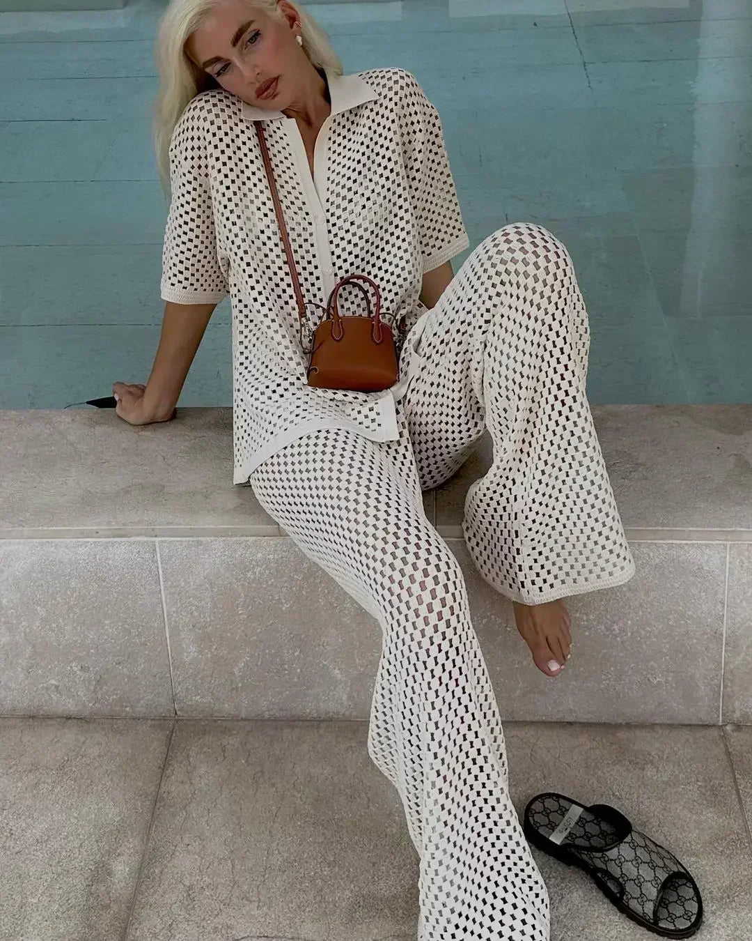 Crocheted kimono and pants set in white with small dark-dot texture