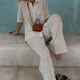Crocheted kimono and pants set in white with small dark-dot texture