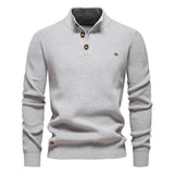 Men's knit sweater in light gray with henley-style button placket and long sleeves