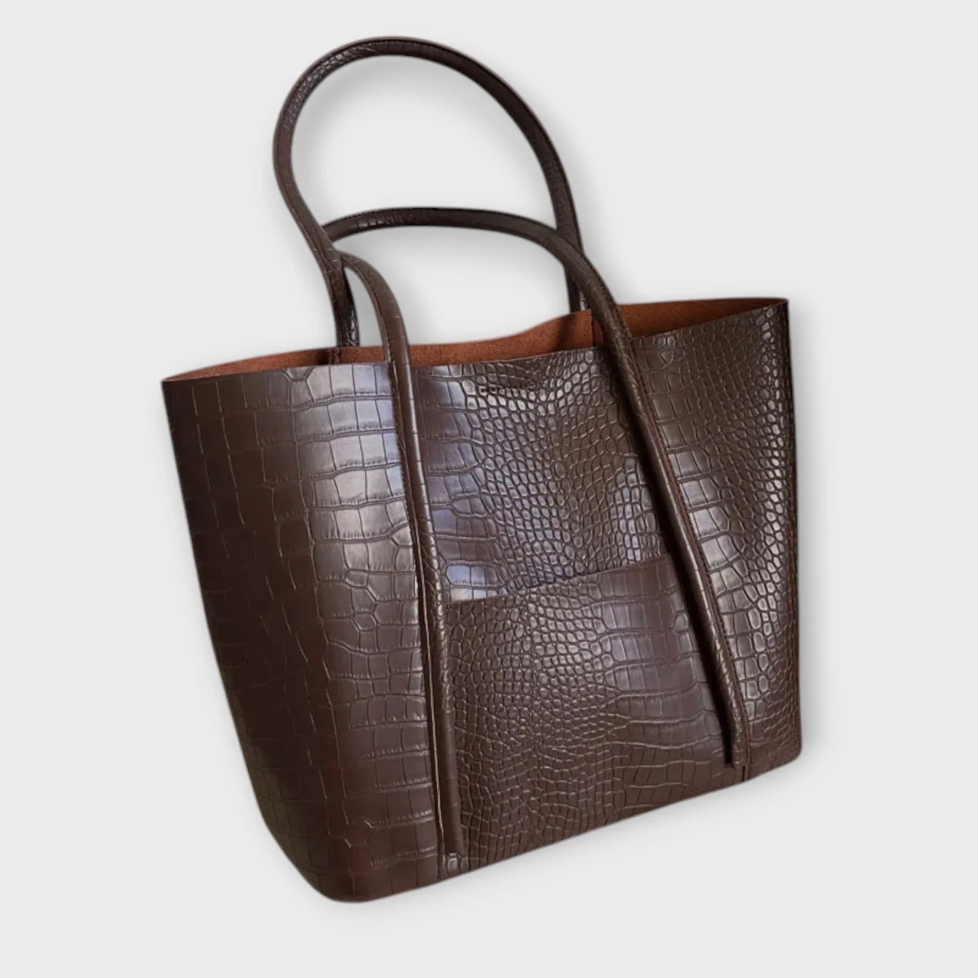 Dark brown croc-embossed leather tote bag with flat front panel and open top
