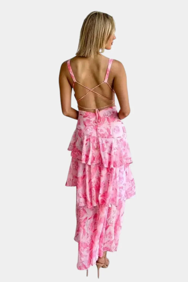 Pink floral tiered maxi dress with crisscross open back and thin straps