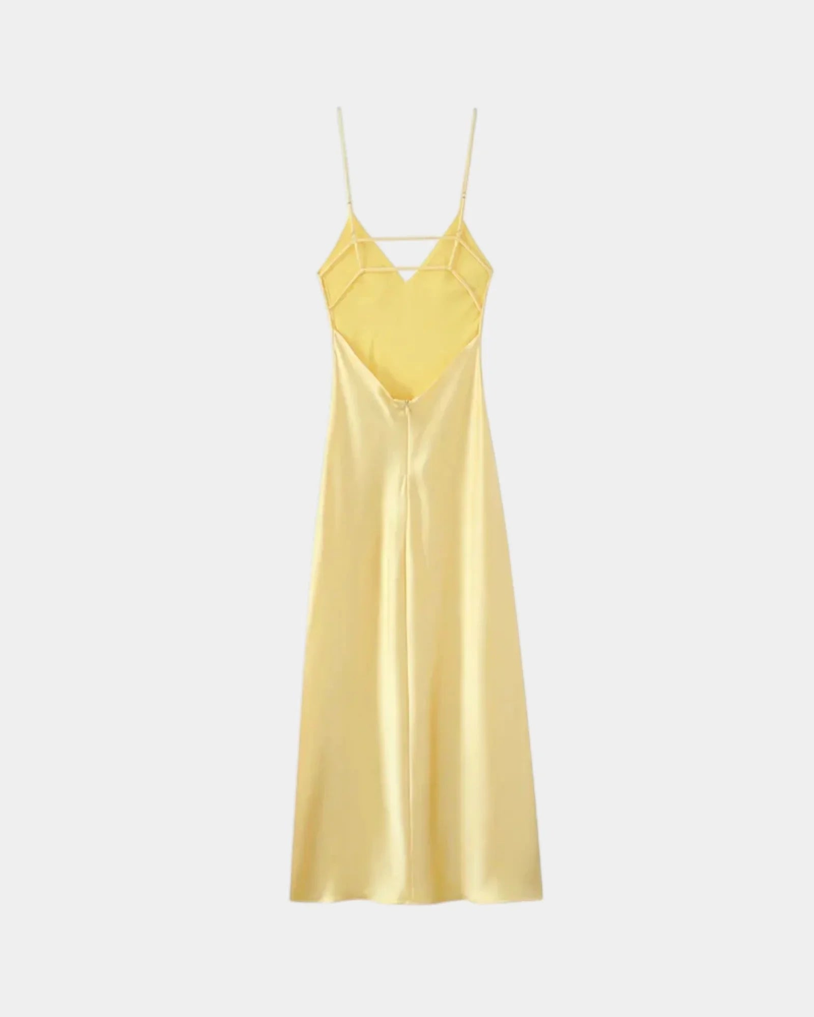 Yellow satin slip dress with V neckline and spaghetti straps, sleeveless floor-length style