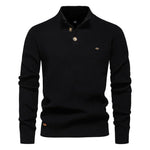 Men's knit sweater in black with henley-style button placket and long sleeves