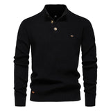 Men's knit sweater in black with henley-style button placket and long sleeves