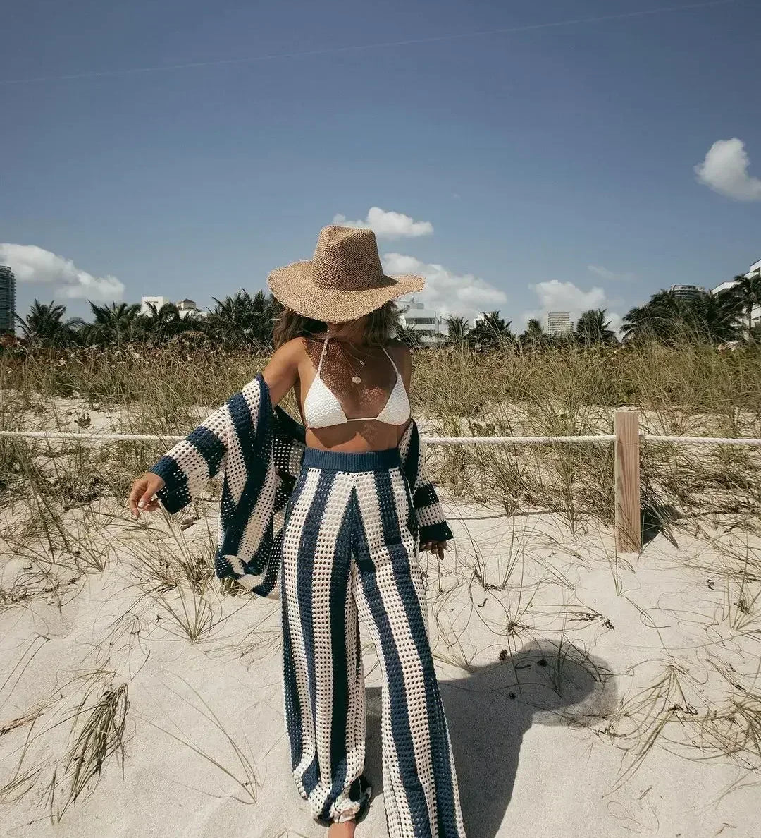 Crocheted kimono and pants set in navy and white vertical stripes