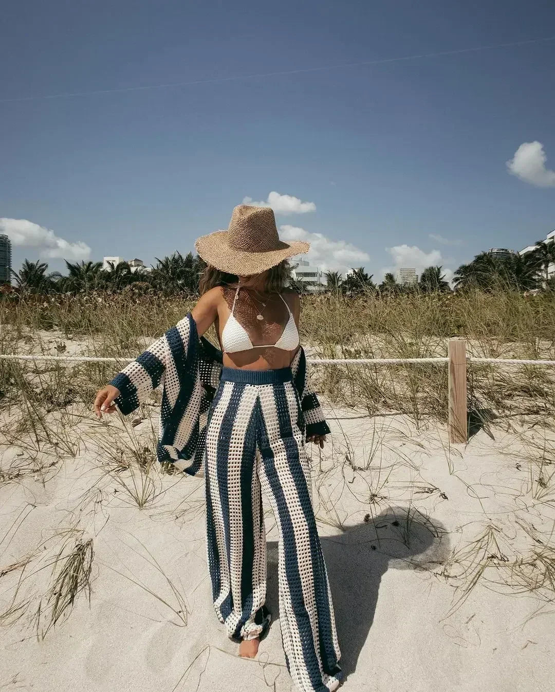Crocheted kimono and pants set in navy and white vertical stripes