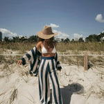 Crocheted kimono and pants set in navy and white vertical stripes