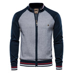 Men's zip-front sweater jacket with navy sleeves and light gray front panel