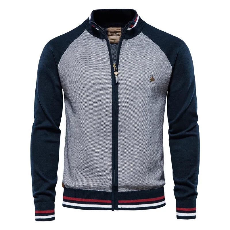 Men's zip-front sweater jacket with navy sleeves and light gray front panel