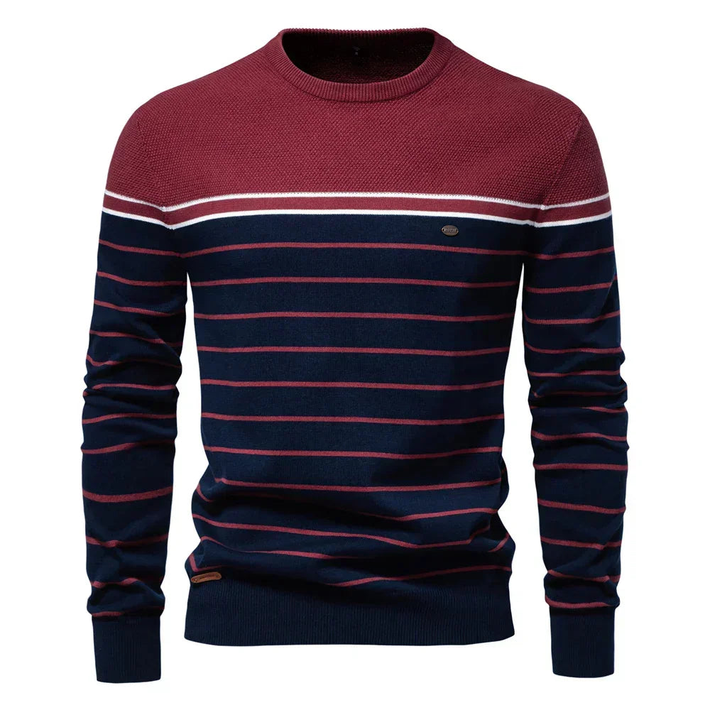 Men's striped knit sweater, burgundy with navy and red stripes, crew neck and long sleeves