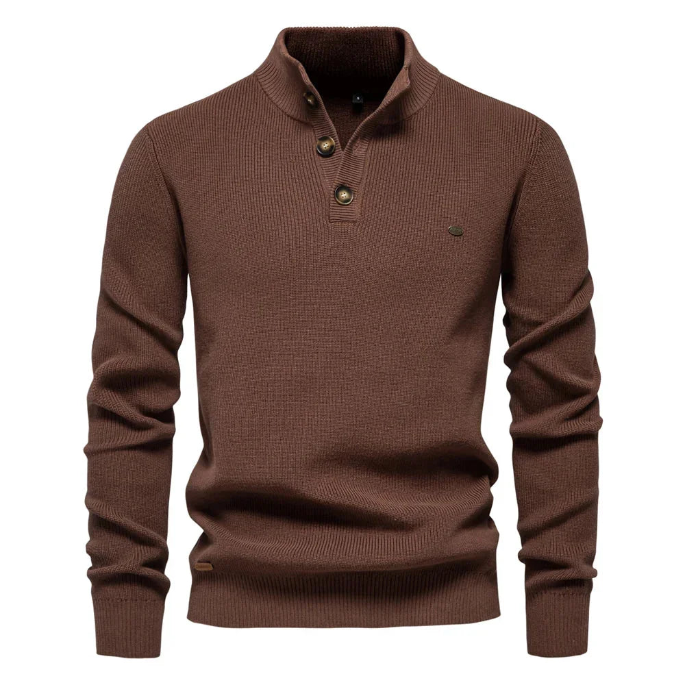 Men's knit sweater in brown with henley-style button placket and long sleeves