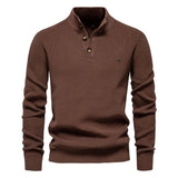 Men's knit sweater in brown with henley-style button placket and long sleeves