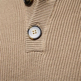 Khaki knit sweater close-up of henley buttons and ribbed collar placket