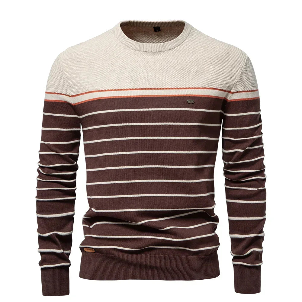 Men's striped knit sweater, beige with brown and white stripes, crew neck and long sleeves