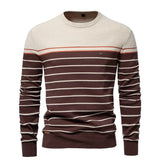 Men's striped knit sweater, beige with brown and white stripes, crew neck and long sleeves