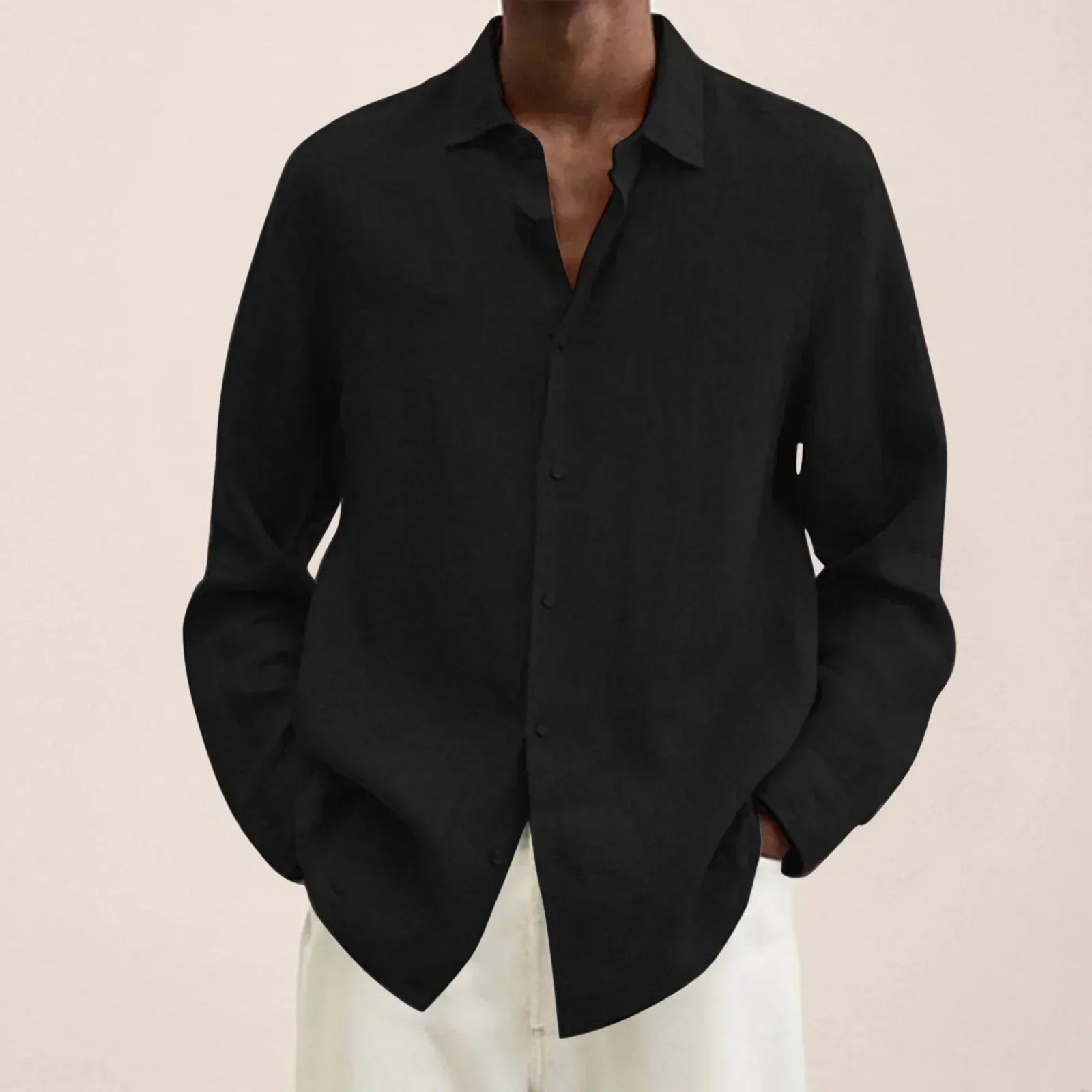 Black linen-look long-sleeve button-up shirt with pointed collar.