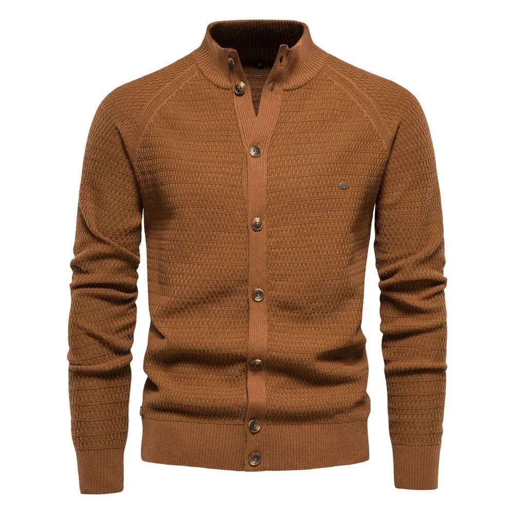Men's knit jacket in brown, button placket, ribbed cuffs and hem