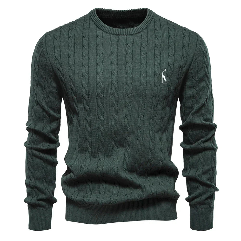 Men's dark green cable-knit crewneck sweater with long sleeves and small chest logo