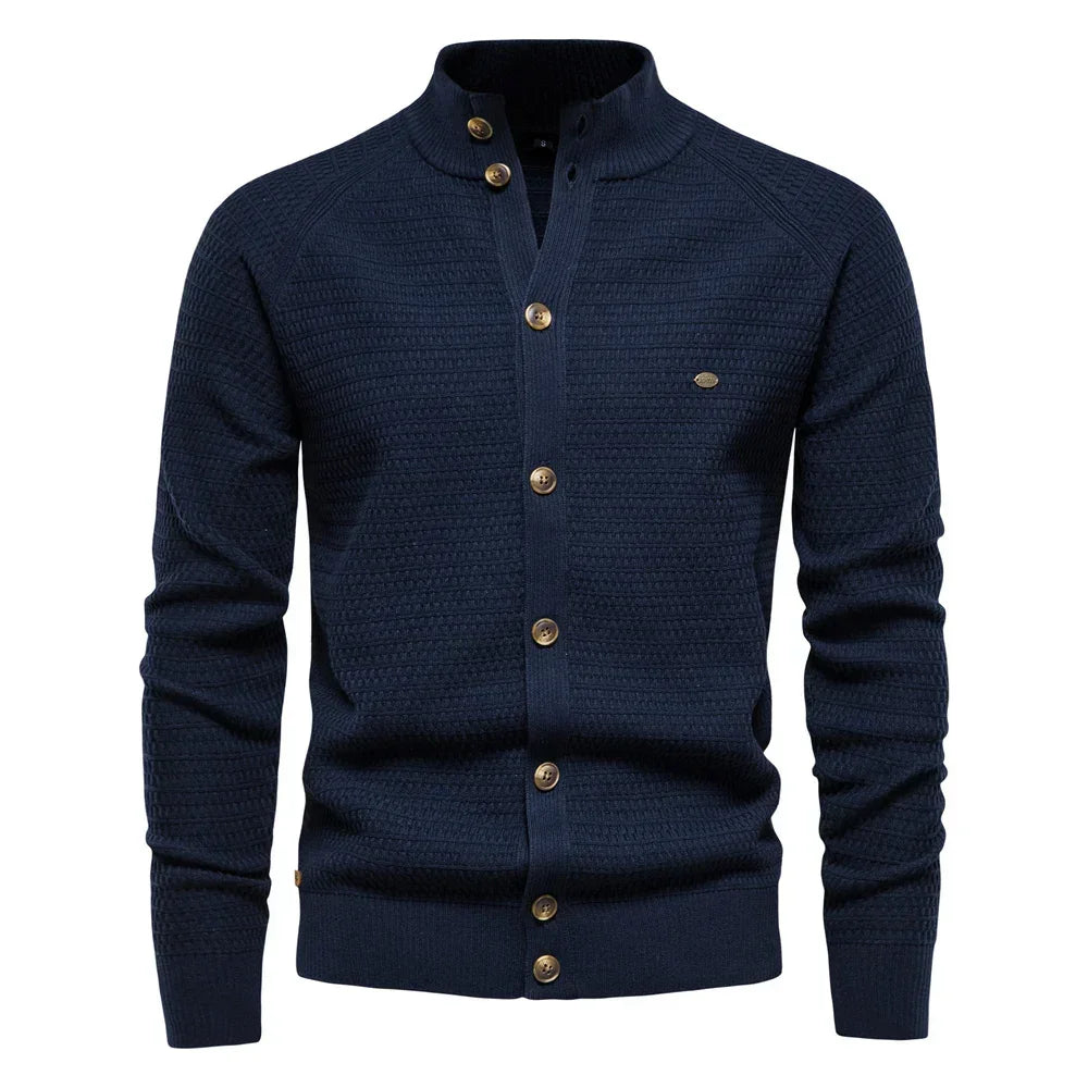Men's knit jacket in navy blue, long sleeves, button front and stand collar