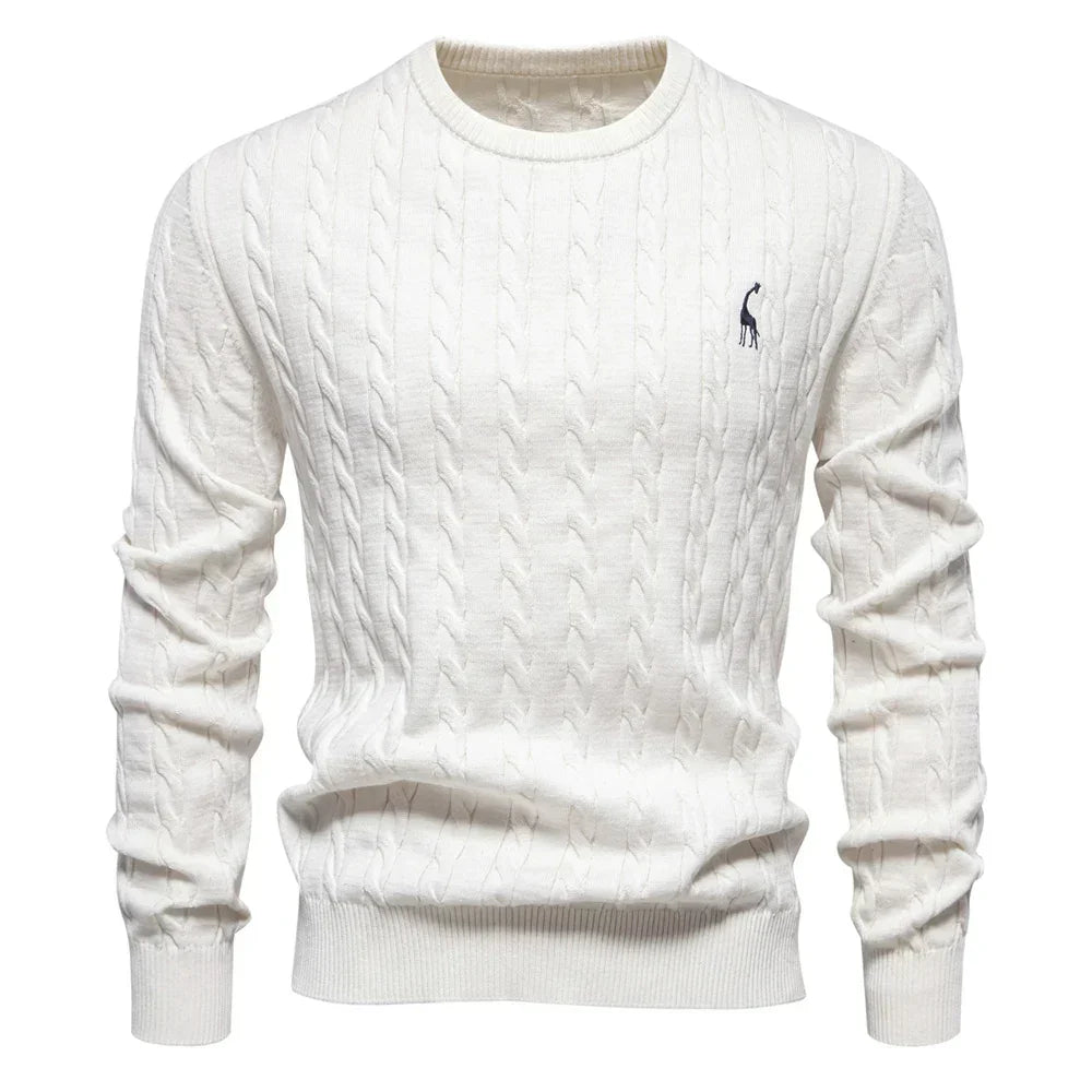 Men's white cable-knit crewneck sweater with long sleeves and small chest logo