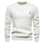 Men's white cable-knit crewneck sweater with long sleeves and small chest logo