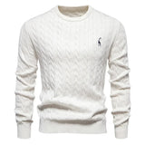 Men's white cable-knit crewneck sweater with long sleeves and small chest logo