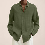 Olive green linen-look long-sleeve button-up shirt with pointed collar.