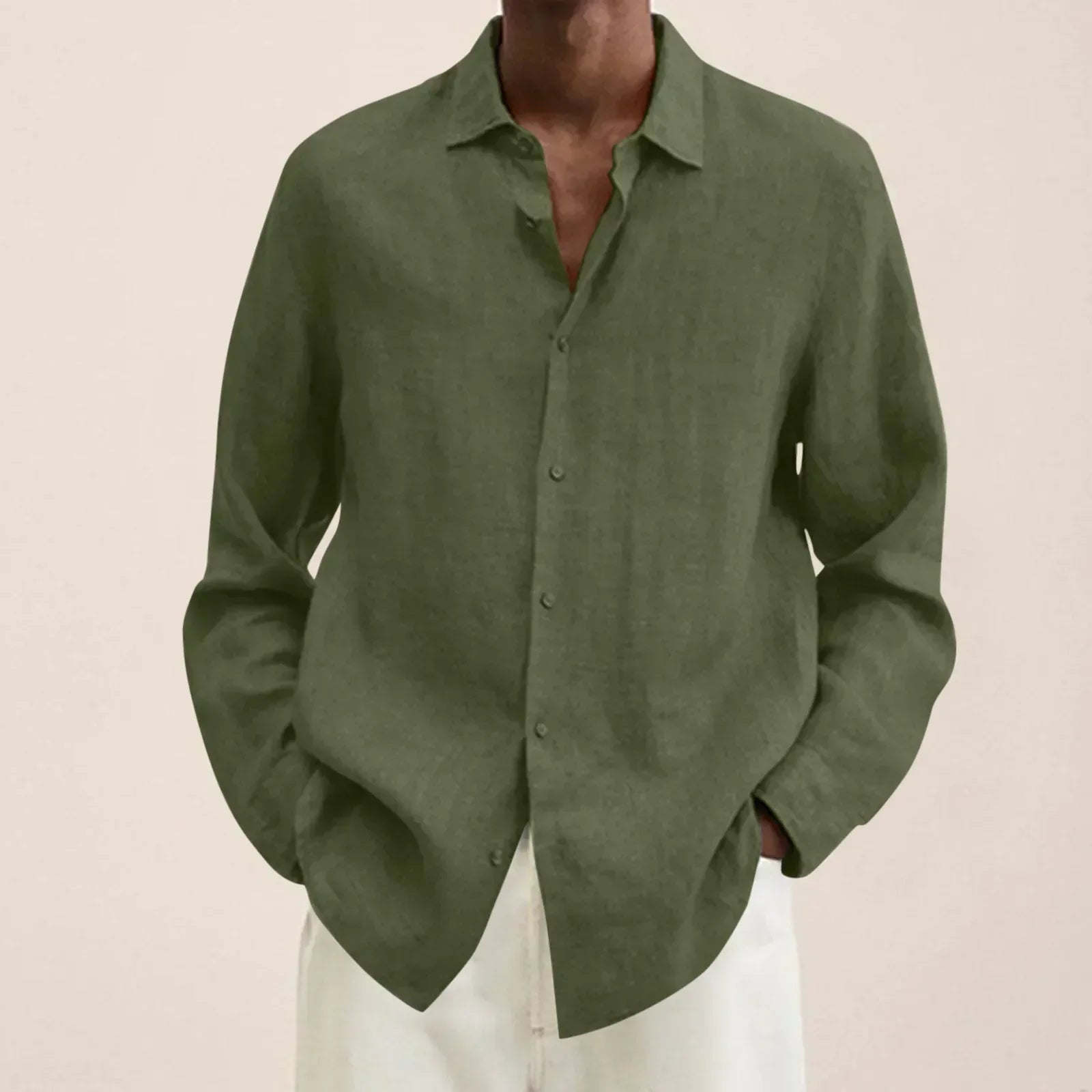 Olive green linen-look long-sleeve button-up shirt with pointed collar.