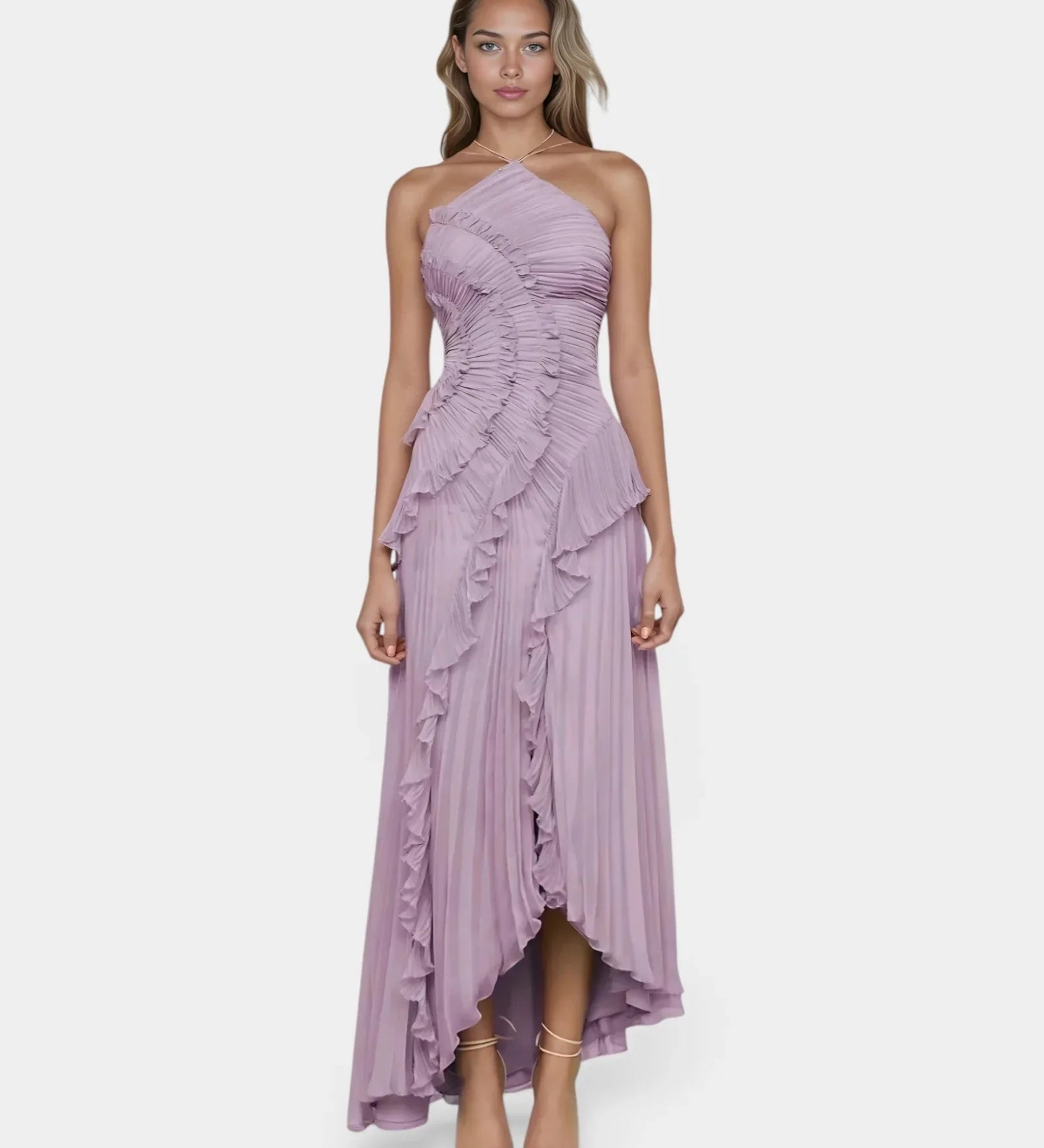 Lavender asymmetrical strapless maxi dress with ruffled layered skirt