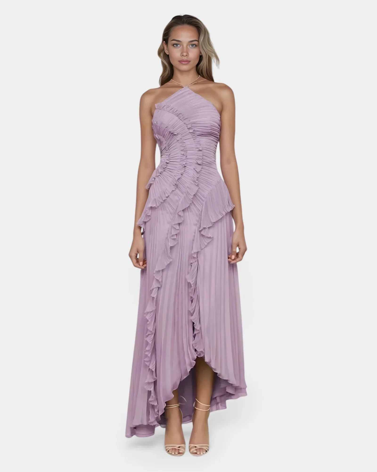Lavender asymmetrical strapless maxi dress with ruffled layered skirt