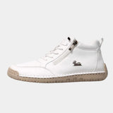 White orthopedic comfort high-top sneakers with lace-up and side zipper.