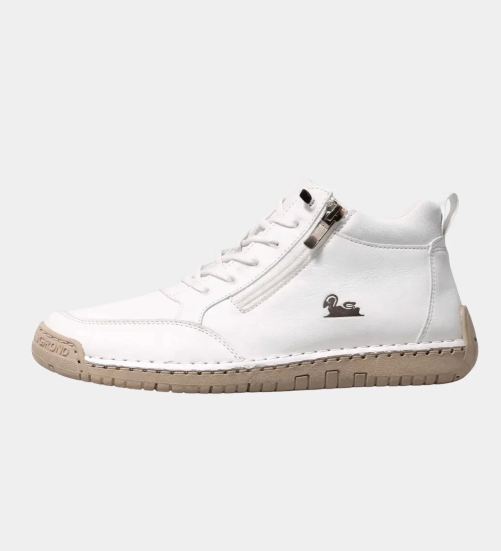 White orthopedic comfort high-top sneakers with lace-up and side zipper.