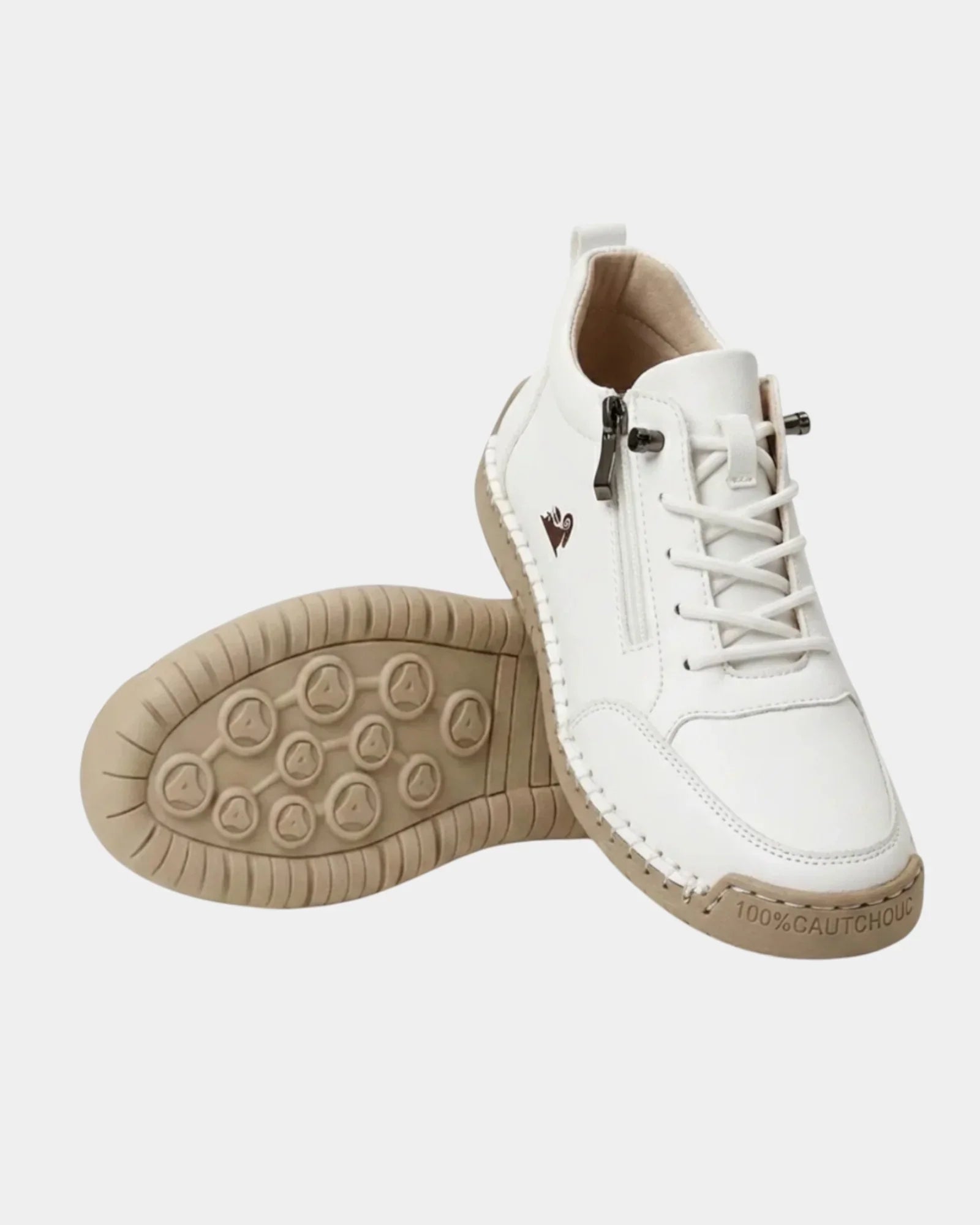 White high-top sneakers with lace-up, side zipper, and textured rubber sole.