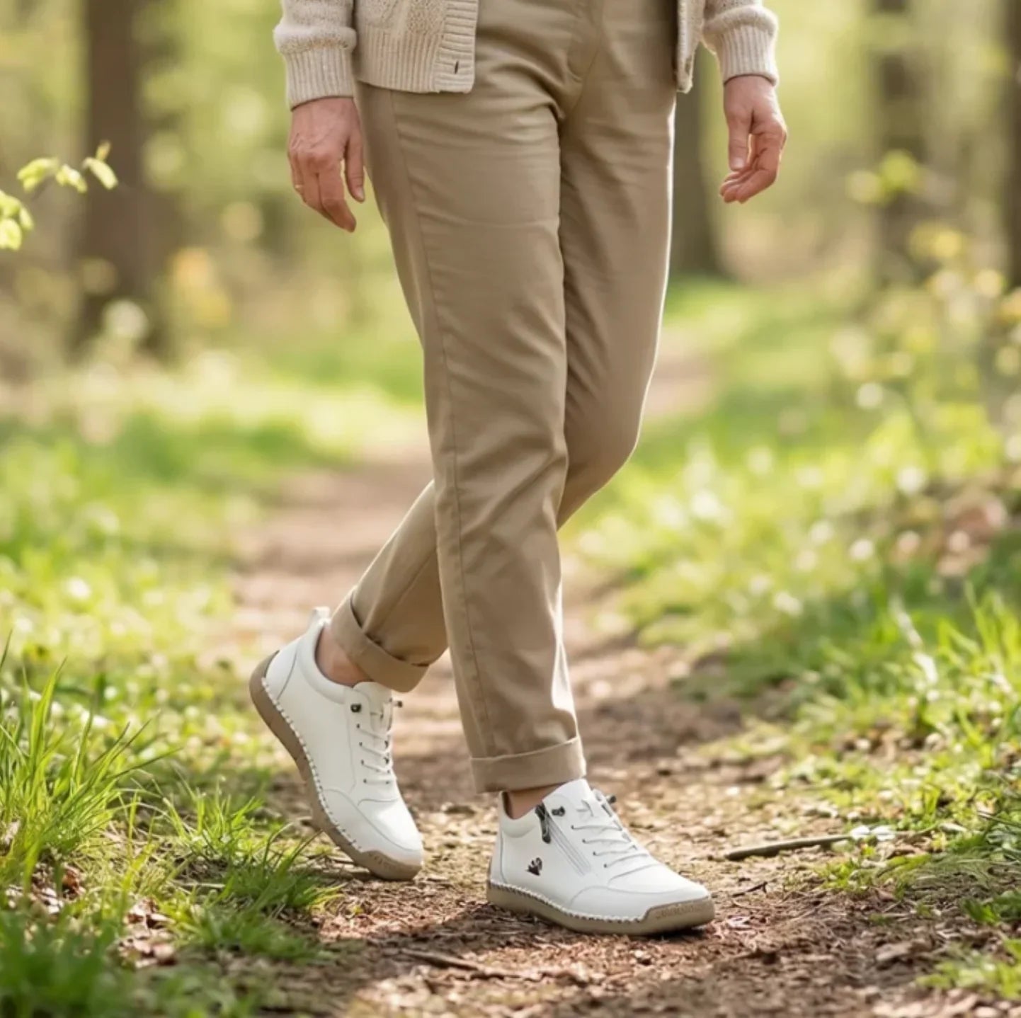 White lace-up sneakers with side zipper and cushioned sole worn with pants.