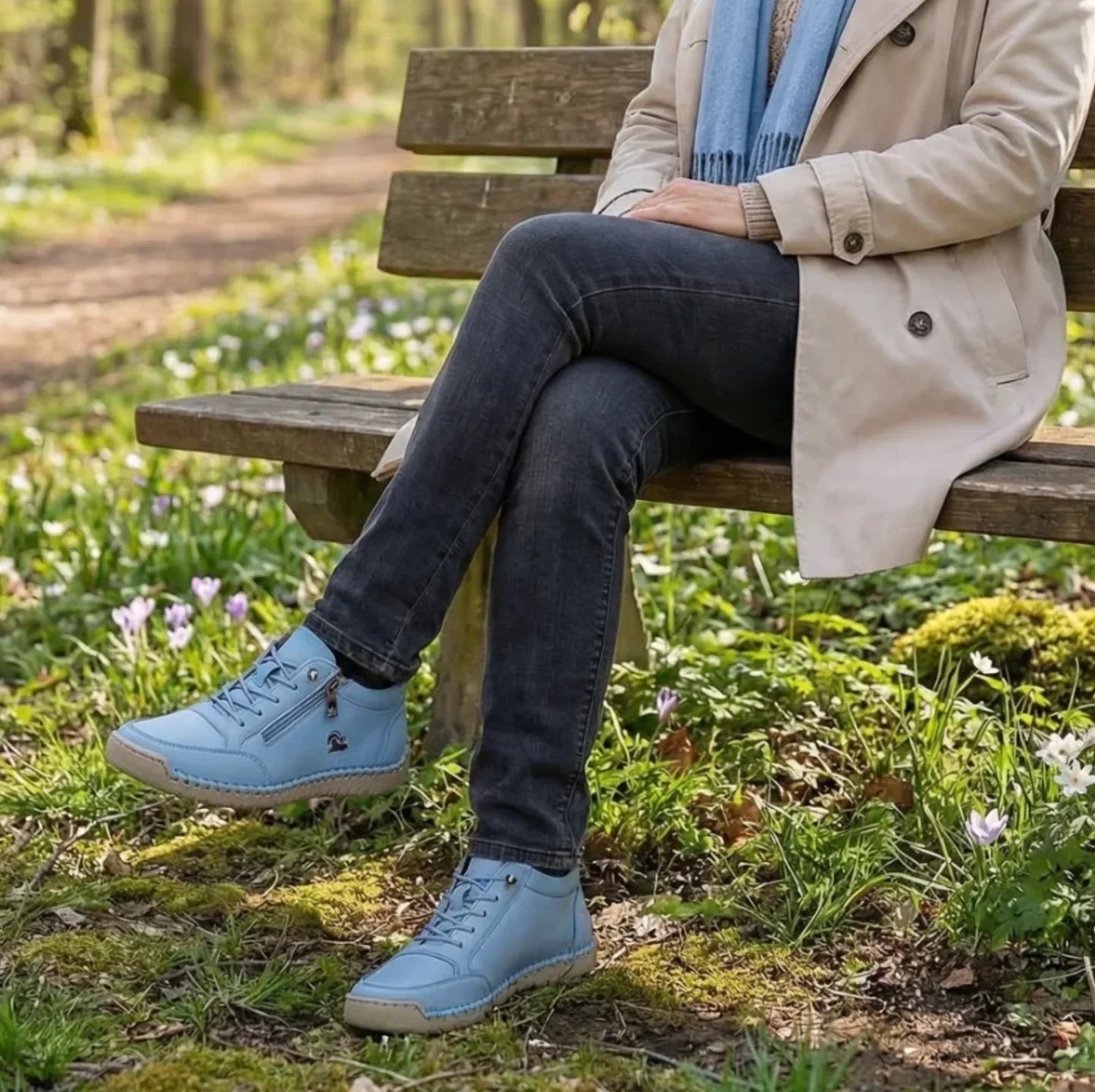 Light blue lace-up sneakers with side zipper worn on outdoor path.