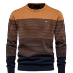 Men's striped crewneck sweater in camel with brown and navy stripes