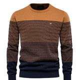 Men's striped crewneck sweater in camel with brown and navy stripes