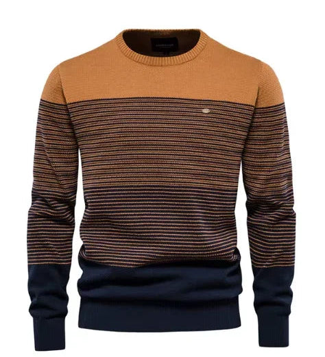 Men's striped crewneck sweater in camel with brown and navy stripes