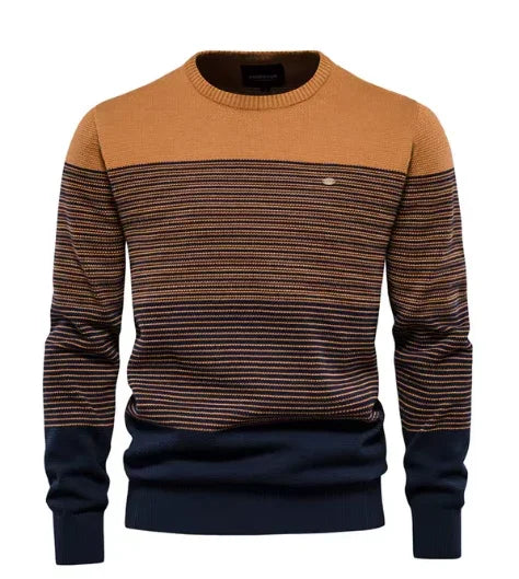 Men's striped crewneck sweater in camel with brown and navy stripes