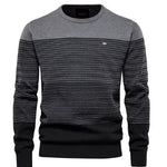 Men's striped crewneck sweater in gray with black horizontal stripes