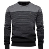 Men's striped crewneck sweater in gray with black horizontal stripes