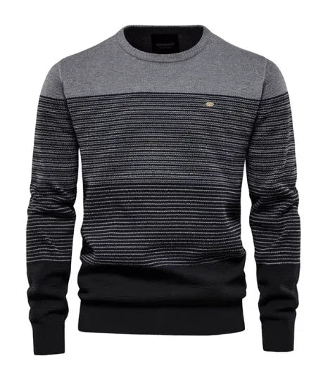 Men's striped crewneck sweater in gray with black horizontal stripes