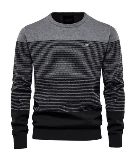 Men's striped crewneck sweater in gray with black horizontal stripes