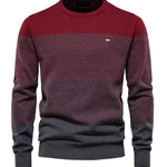Men's striped crewneck sweater in maroon with gray and dark stripe bands