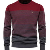 Men's striped crewneck sweater in maroon with gray and dark stripe bands