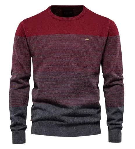 Men's striped crewneck sweater in maroon with gray and dark stripe bands
