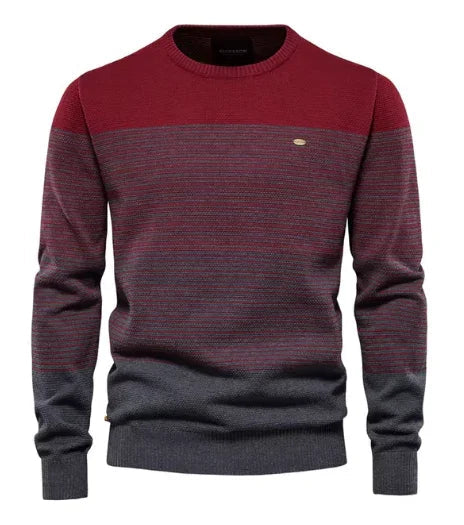 Men's striped crewneck sweater in maroon with gray and dark stripe bands